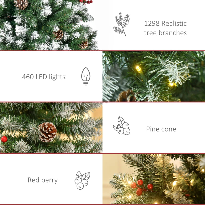 Pre-Lit Snow-Dipped Artificial Christmas Tree with Realistic Branches, 460 LED Lights, Pine Cones, Red Berries and 1298 Tips