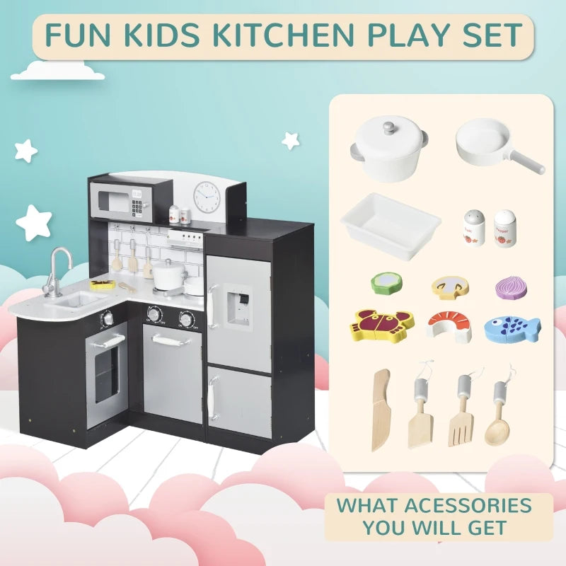 Kids Play Kitchen Set Pretend Wooden Cooking Toy Set with Drinking Fountain, Microwave, Fridge and Accessories for Age 3 Years