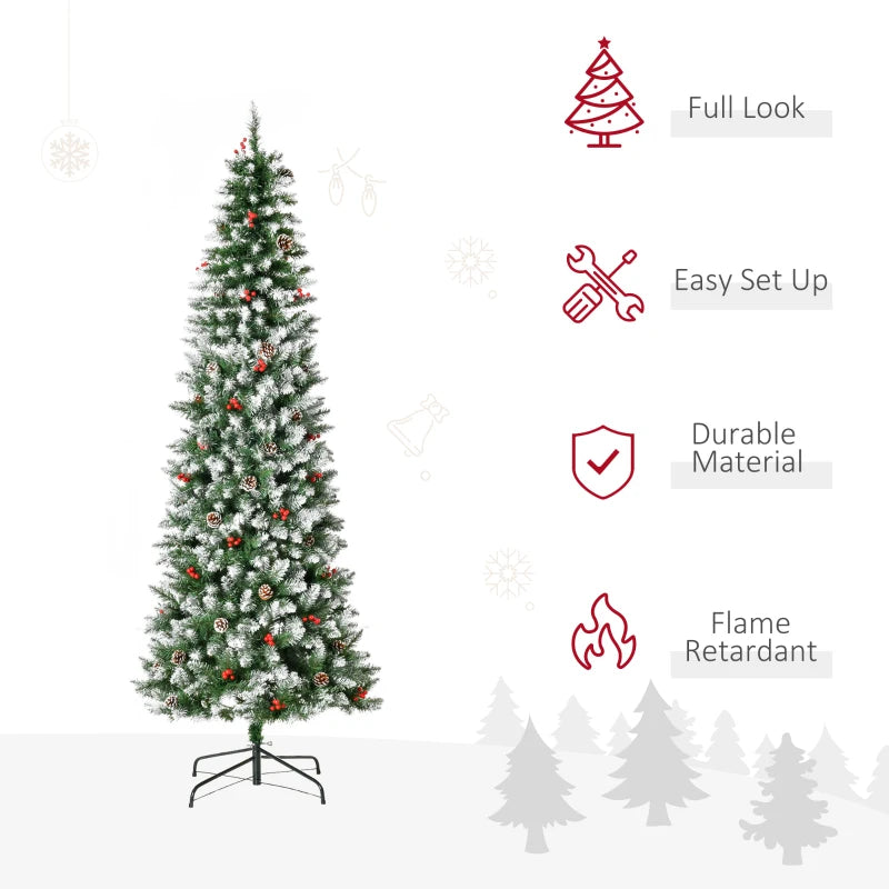 Pre-Lit Snow-Dipped Artificial Christmas Tree with Realistic Branches, 460 LED Lights, Pine Cones, Red Berries and 1298 Tips