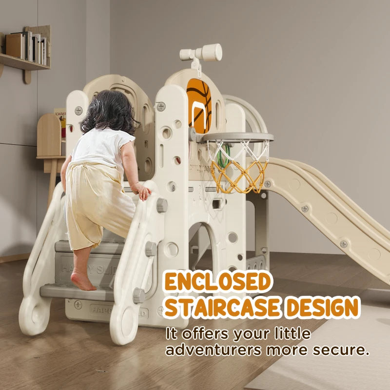 7-in-1 Toddler Slide, Kids Slide for Ages 1-6 Years w/ Ring Toss, Basketball Hoop, Telescope Climber, Storage Space