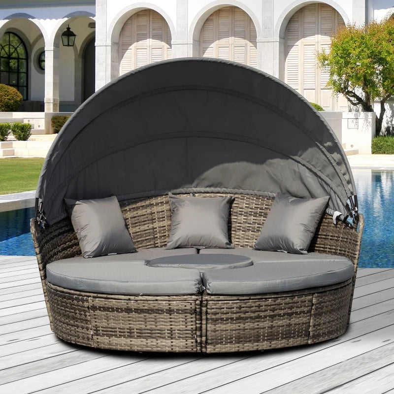 4-Piece Round Convertible Daybed with Cushions, Outdoor PE Rattan Patio Wicker Sofa Set, Sunbed with Adjustable Sun Canopy, Sectional Sofa, 2 Chairs, Table, 3 Pillows