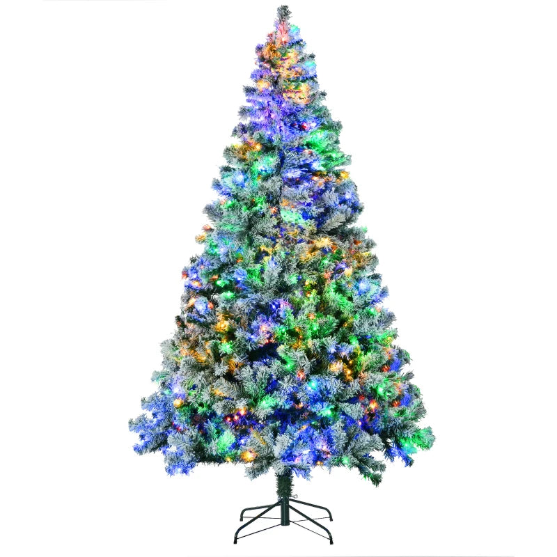 7.5' Artificial Snow Christmas Trees with Frosted Branches, Warm White or Colorful LED Lights, Steel Base