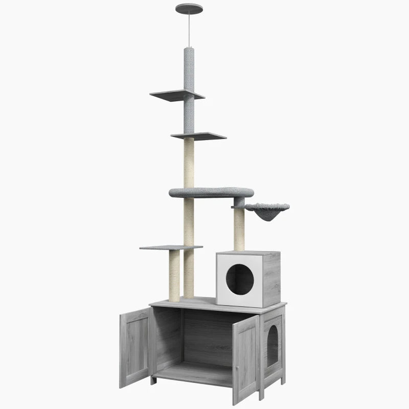 2 in 1 Floor to Ceiling Cat Tree with Litter Box Enclosure, Condo, Bed, Hammock, Scratching Posts, and Platforms,