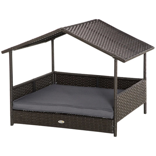 Wicker Dog House Outdoor with Canopy, Rattan Dog Bed with Water-resistant Cushion, Raised Dog Bed for Small, Medium Dogs up to 66 lbs, 19.75" in Length