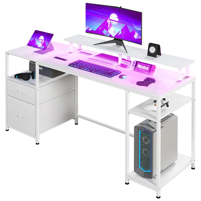 61" Computer Table with LED Lights, PC Desk with Power Outlets, USB Ports, Storage, Wireless Remote