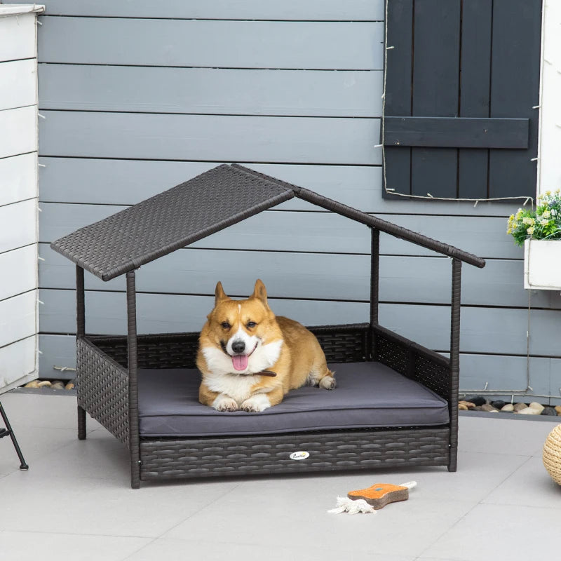 Wicker Dog House Outdoor with Canopy, Rattan Dog Bed with Water-resistant Cushion, Raised Dog Bed for Small, Medium Dogs up to 66 lbs, 19.75" in Length