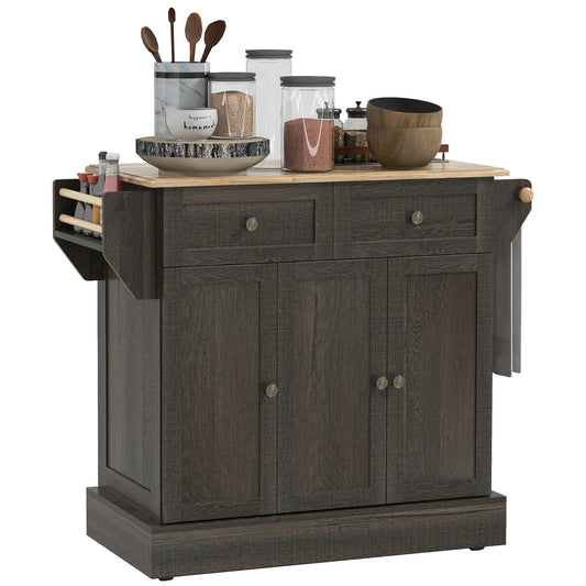 Triple-Cabinet Kitchen Island on Wheels, Kitchen Storage Cabinet with Drawers, Rolling Utility Cart Brown