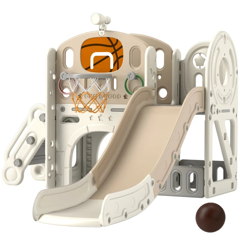 7-in-1 Toddler Slide, Kids Slide for Ages 1-6 Years w/ Ring Toss, Basketball Hoop, Telescope Climber, Storage Space