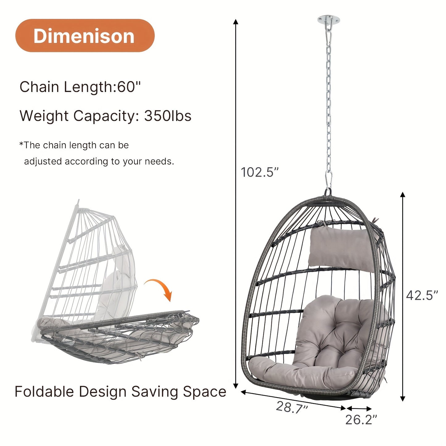 Indoor Outdoor Egg Swing Chair, Patio Wicker Rattan Hanging Chair w/Cushion