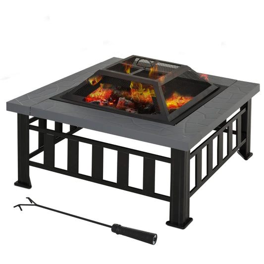 34" Outdoor Fire Pit Square Steel Wood Burning Firepit Bowl with Spark Screen, Waterproof Cover, Log Grate, Poker for Backyard, Camping, BBQ, Bonfire