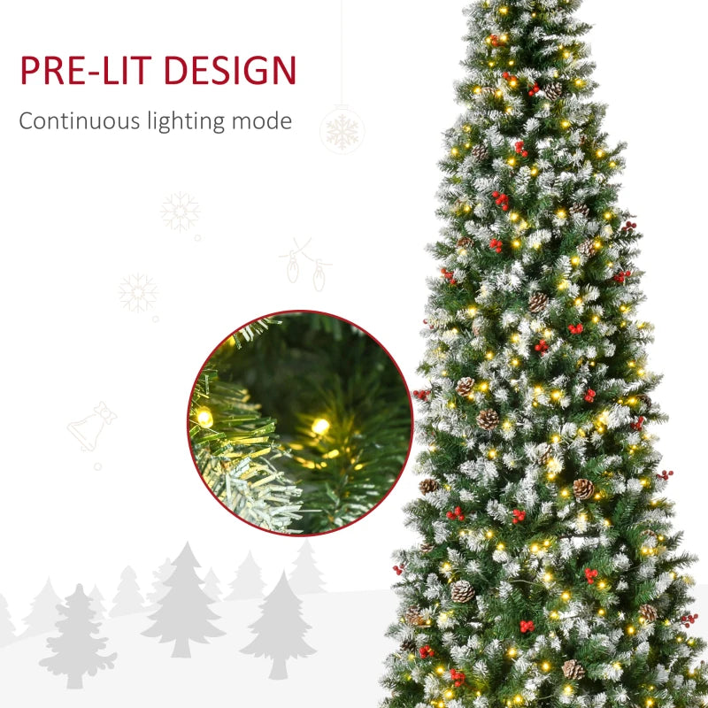 Pre-Lit Snow-Dipped Artificial Christmas Tree with Realistic Branches, 460 LED Lights, Pine Cones, Red Berries and 1298 Tips