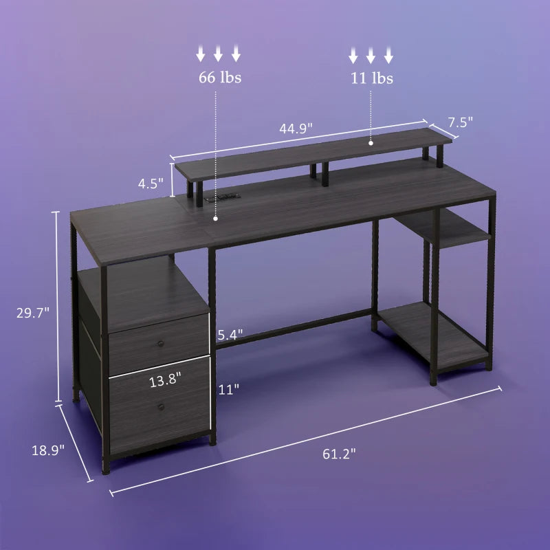 61" Computer Table with LED Lights, PC Desk with Power Outlets, USB Ports, Storage, Wireless Remote