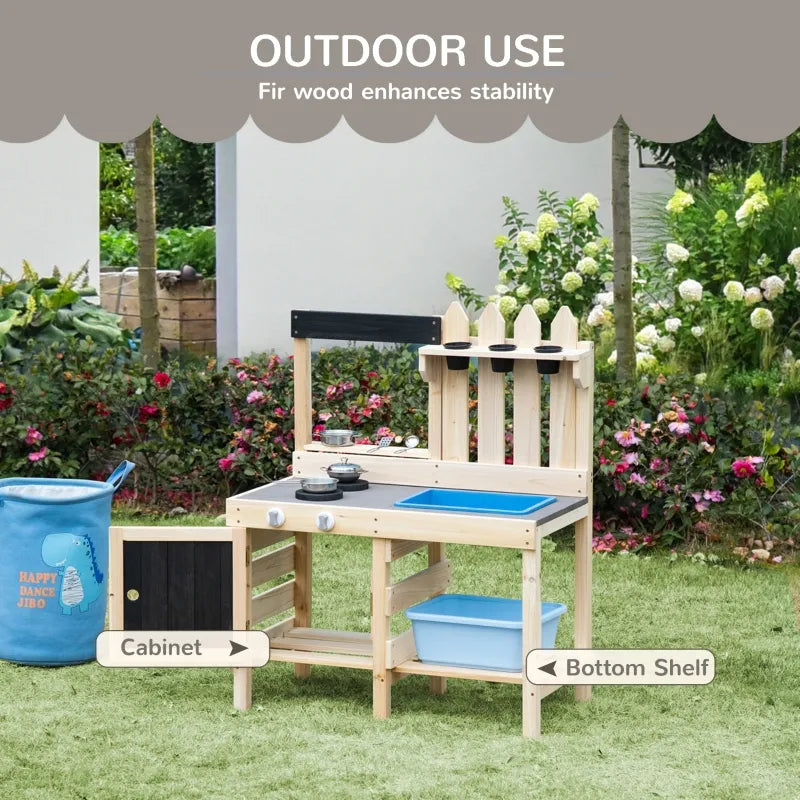 Outdoor Kitchen Play Set with Frying Pan, Pretend Play Mud Kitchen for Kids with Removable Sink, Wooden Kitchen Set for Ages 3-7, with Planting Pots, Shelf, Cabinets