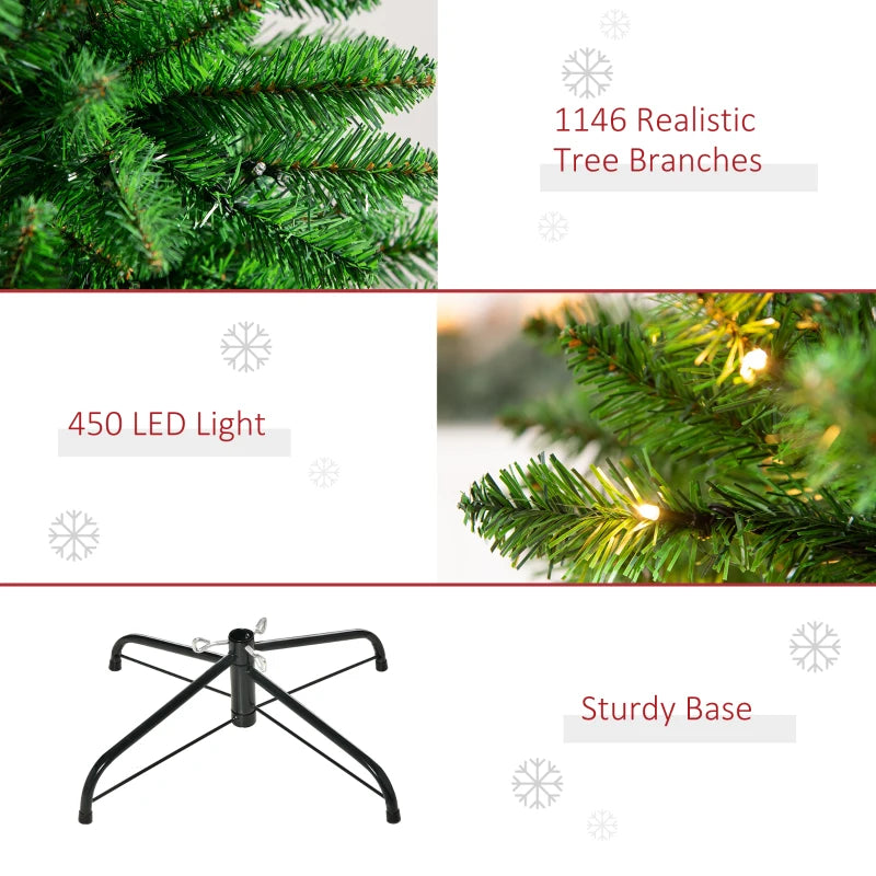 7.5ft Tall Pre-lit Pine Artificial Christmas Tree with Realistic Branches, 450 Warm White LED Lights and 1146 Tips