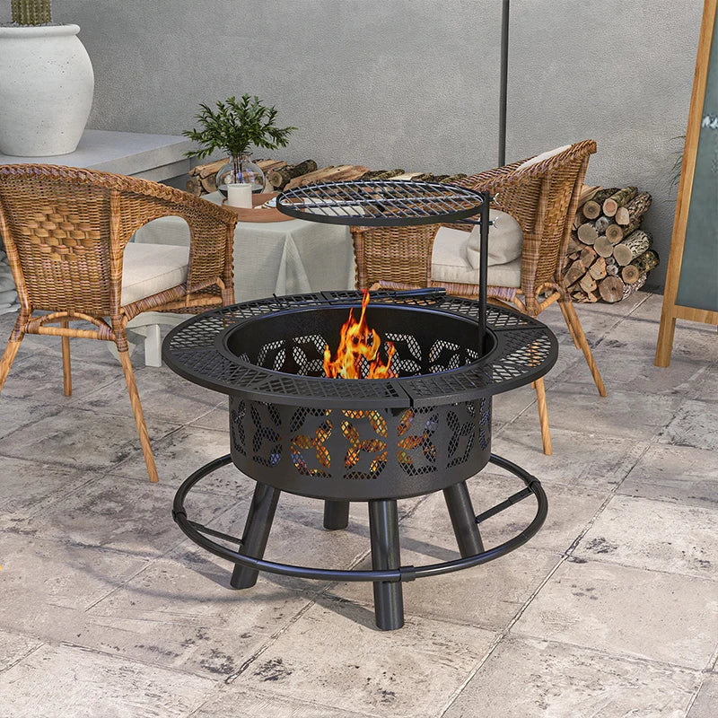 Wood Burning Fire Pit, Charcoal BBQ Grill, Portable Firepit with Cooking Grate, Pan, and Poker, 33", Black