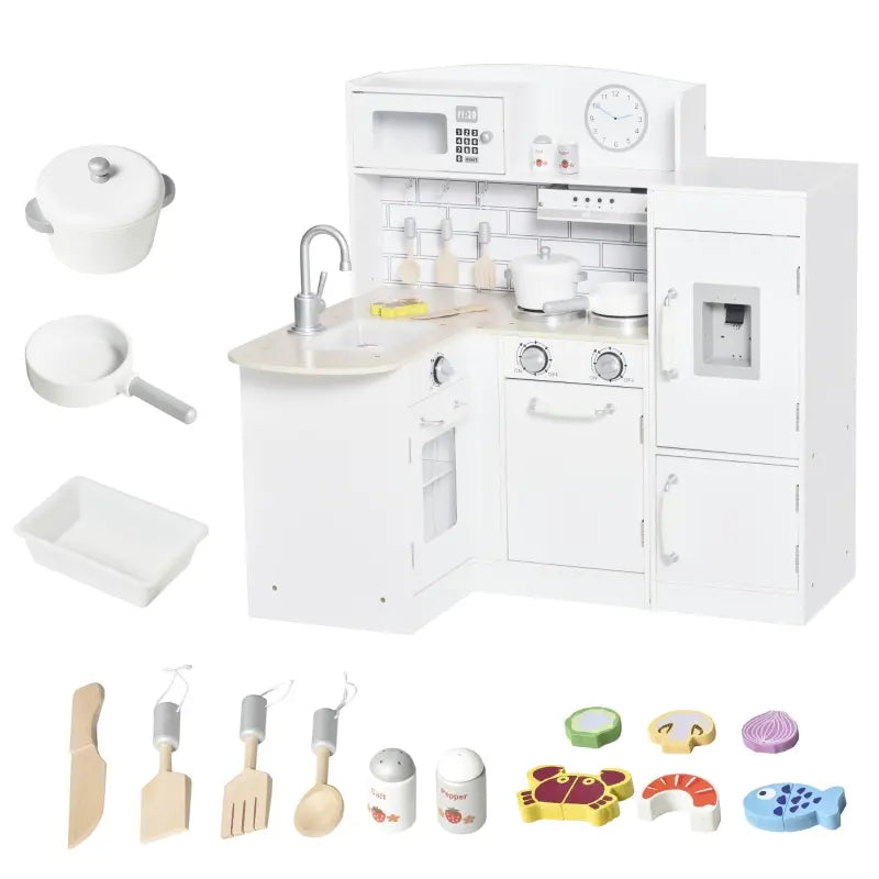 Kids Play Kitchen Set Pretend Wooden Cooking Toy Set with Drinking Fountain, Microwave, Fridge and Accessories for Age 3 Years