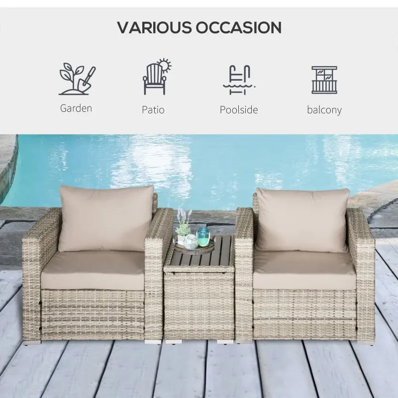 3 Piece Patio Furniture Set, PE Rattan Small Wicker Balcony Furniture, Table & Chairs with Cushions Composite Table, Conversation Set for Apartment, Gray