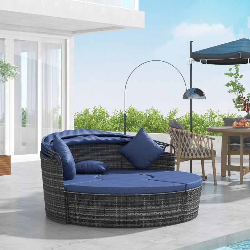 4-Piece Round Convertible Daybed with Cushions, Outdoor PE Rattan Patio Wicker Sofa Set, Sunbed with Adjustable Sun Canopy, Sectional Sofa, 2 Chairs, Table, 3 Pillows