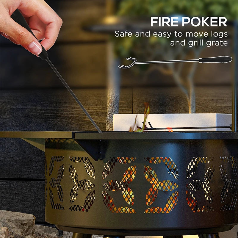 Wood Burning Fire Pit, Charcoal BBQ Grill, Portable Firepit with Cooking Grate, Pan, and Poker, 33", Black