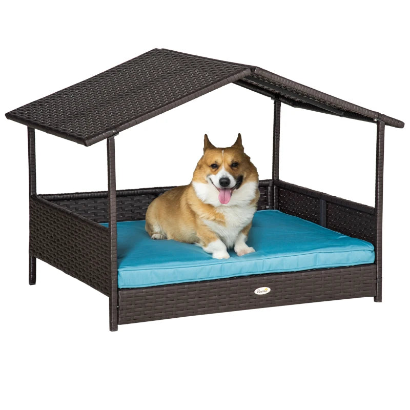 Wicker Dog House Outdoor with Canopy, Rattan Dog Bed with Water-resistant Cushion, Raised Dog Bed for Small, Medium Dogs up to 66 lbs, 19.75" in Length