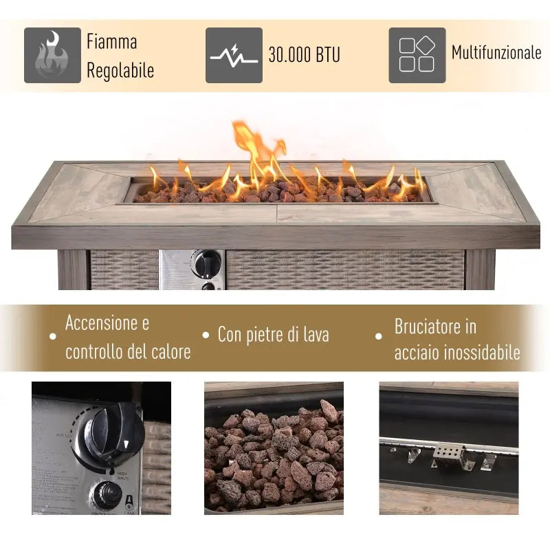 42" Propane Fire Pit Table, 50,000 BTU Wicker-effect Auto-Ignition Gas Fireplace Fire Pits with Ceramic Tabletop, Steel Base, Lid, Lava Rocks and Cover, CSA Certification