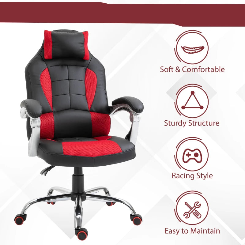 Racing Gamer Chair, High Back Faux Leather Gaming Chair with Headrest and Lumbar Support, Red