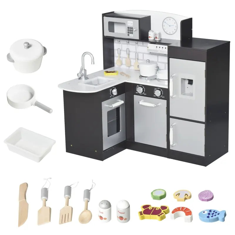 Kids Play Kitchen Set Pretend Wooden Cooking Toy Set with Drinking Fountain, Microwave, Fridge and Accessories for Age 3 Years