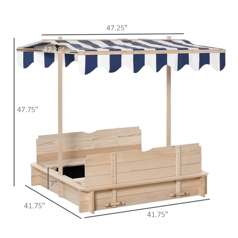 Covered Sandbox, Wooden，with Cover Adjustable Canopy, Detachable Seats and Backrests, Kids Sandbox with Convertible Bench Seat, Bottom Liner, Natural Blue