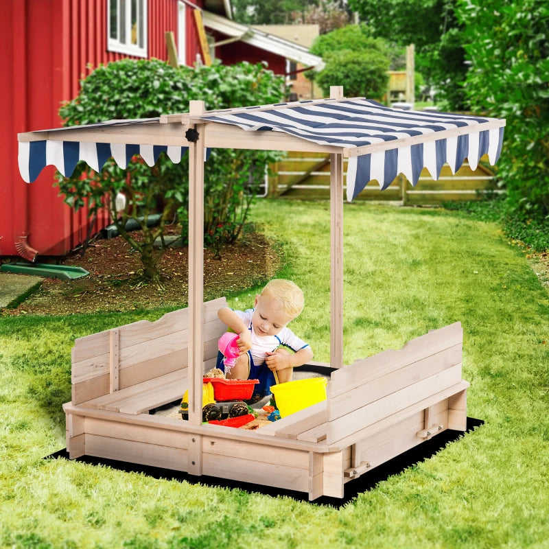 Covered Sandbox, Wooden，with Cover Adjustable Canopy, Detachable Seats and Backrests, Kids Sandbox with Convertible Bench Seat, Bottom Liner, Natural Blue