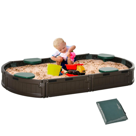 Kids Outdoor Sandbox with Cover Garden Bed, Easy Assembly Children's Oval Sandbox for Backyard, Brown, 72" x 41.25" x 8.75"