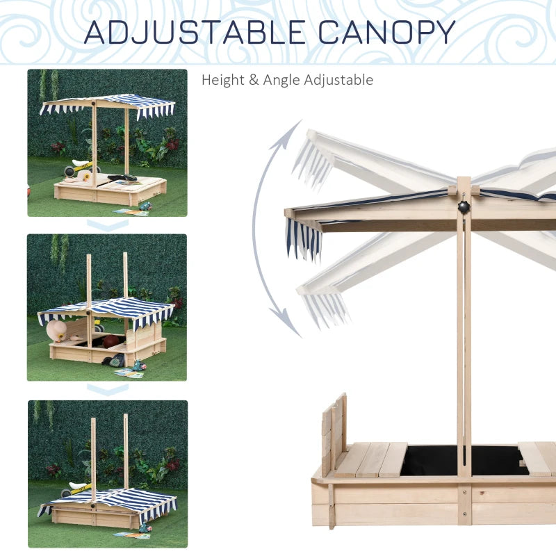 Covered Sandbox, Wooden，with Cover Adjustable Canopy, Detachable Seats and Backrests, Kids Sandbox with Convertible Bench Seat, Bottom Liner, Natural Blue