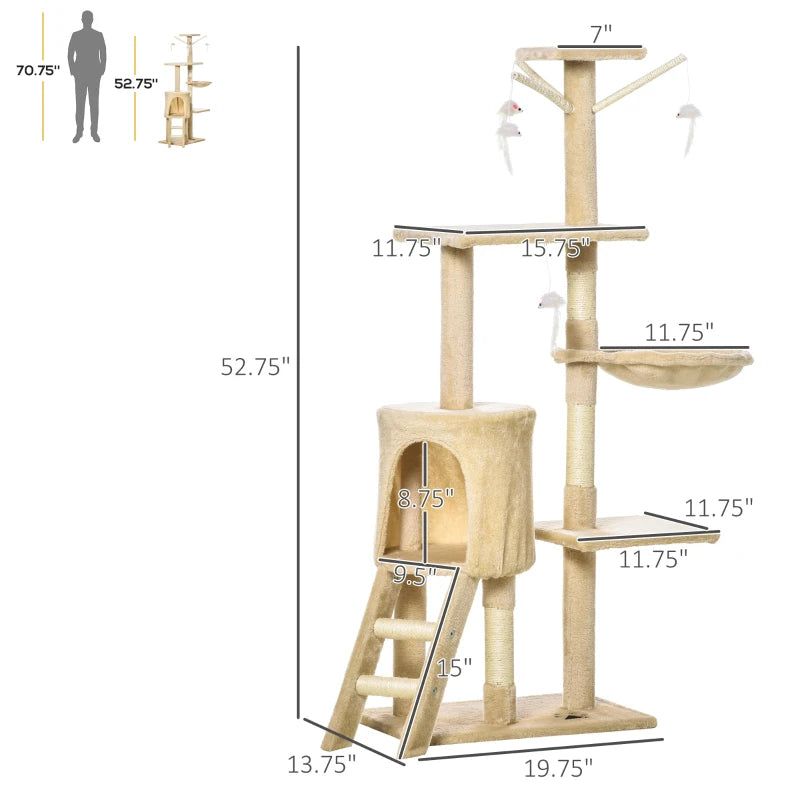 52" Cat Tree Tower, Multi-Level Cat Condo, Plush Sturdy Interactive Kittens Activity Tree House with Scratching Post