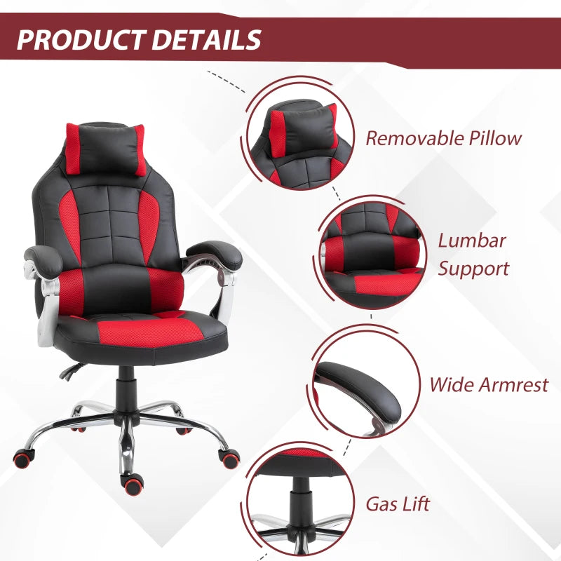 Racing Gamer Chair, High Back Faux Leather Gaming Chair with Headrest and Lumbar Support, Red