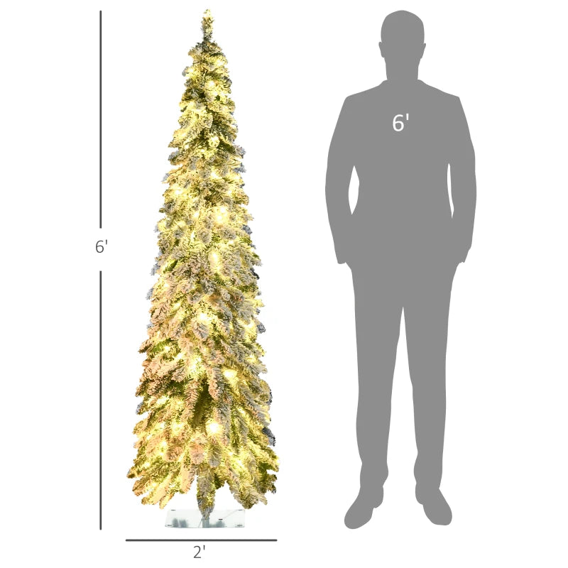 Artificial Slim Christmas Trees, with Snow Frosted Branches, Warm White or Colorful LED Lights, Downswept Shape