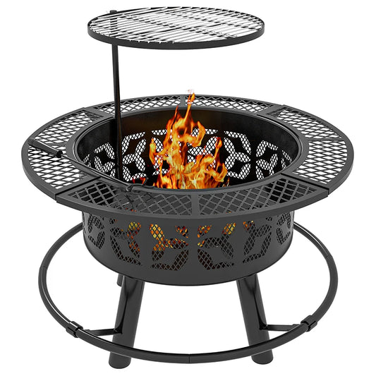 Wood Burning Fire Pit, Charcoal BBQ Grill, Portable Firepit with Cooking Grate, Pan, and Poker, 33", Black