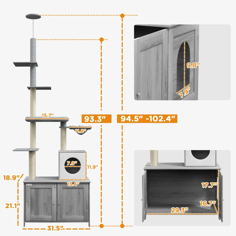 2 in 1 Floor to Ceiling Cat Tree with Litter Box Enclosure, Condo, Bed, Hammock, Scratching Posts, and Platforms,