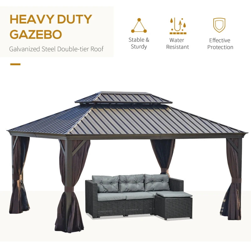 12' x 16' Hardtop Gazebo with Curtains and Netting, Permanent Pavilion Metal Double Roof Gazebo Canopy with Aluminum Frame and Hooks, for Garden, Patio, Backyard, Brown