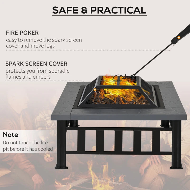 34" Outdoor Fire Pit Square Steel Wood Burning Firepit Bowl with Spark Screen, Waterproof Cover, Log Grate, Poker for Backyard, Camping, BBQ, Bonfire