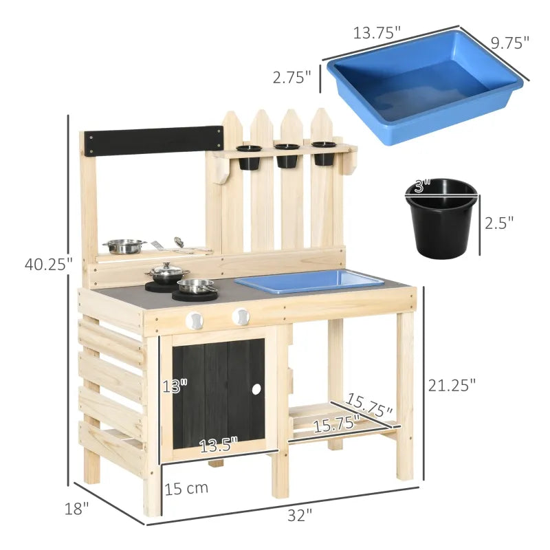 Outdoor Kitchen Play Set with Frying Pan, Pretend Play Mud Kitchen for Kids with Removable Sink, Wooden Kitchen Set for Ages 3-7, with Planting Pots, Shelf, Cabinets