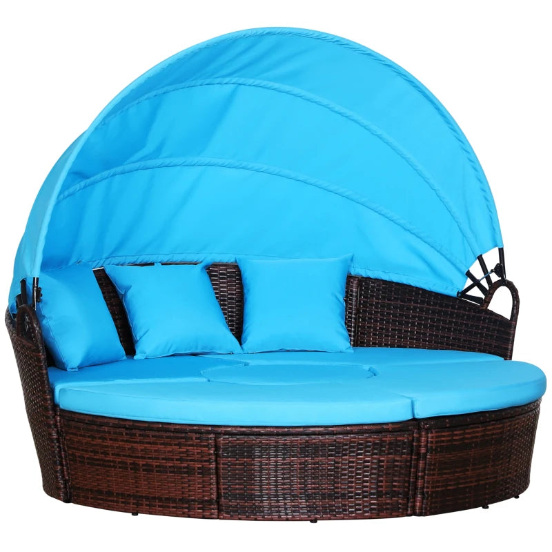 4-Piece Round Convertible Daybed with Cushions, Outdoor PE Rattan Patio Wicker Sofa Set, Sunbed with Adjustable Sun Canopy, Sectional Sofa, 2 Chairs, Table, 3 Pillows